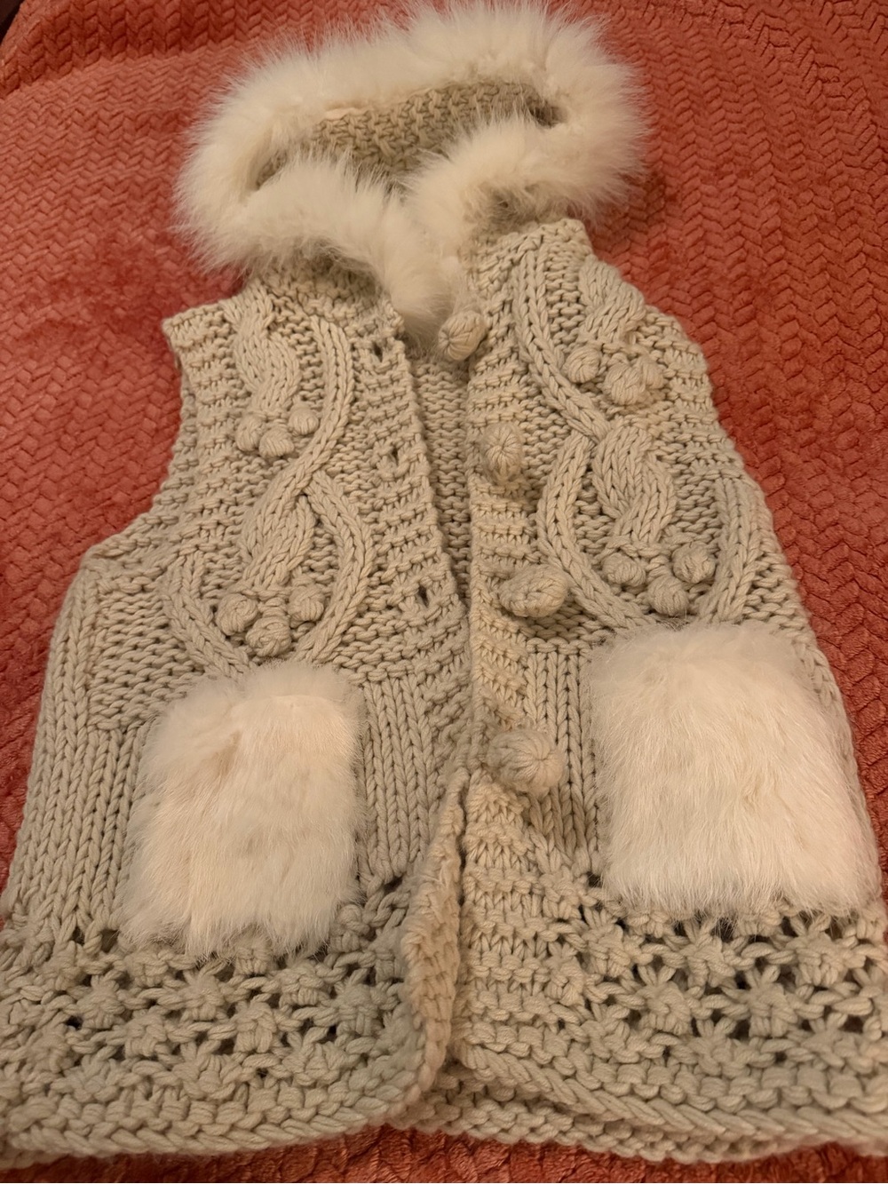 Cream Knit Hooded Vest with Faux Fur Trim and Pom Details